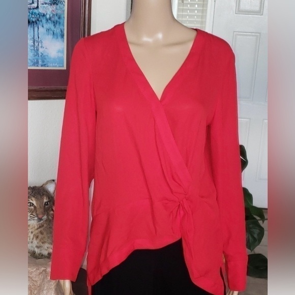 H Halston Faux Wrap  Knotted High Low Boho Long Sleeve Blouse Size medium, NWOT - Picture 1 of 6